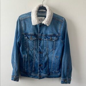 Hollister Denim Trucker Jacket Women XS Sherpa‎ Collar Blue Wash Light Distress
